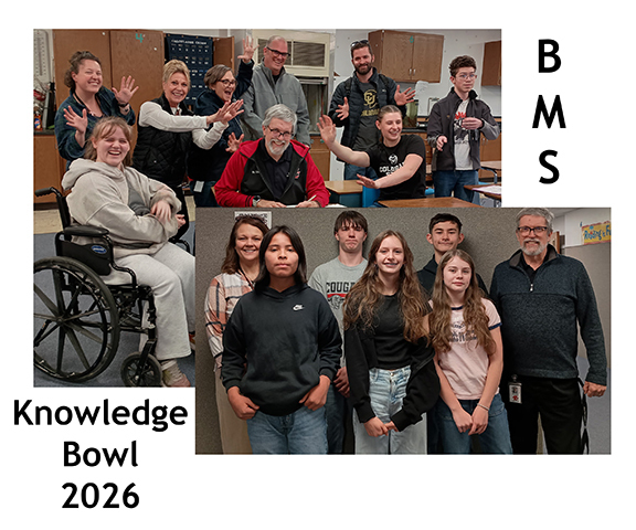 Teachers and students posing for their picture being taken as part of Knowledge Bowl 2026