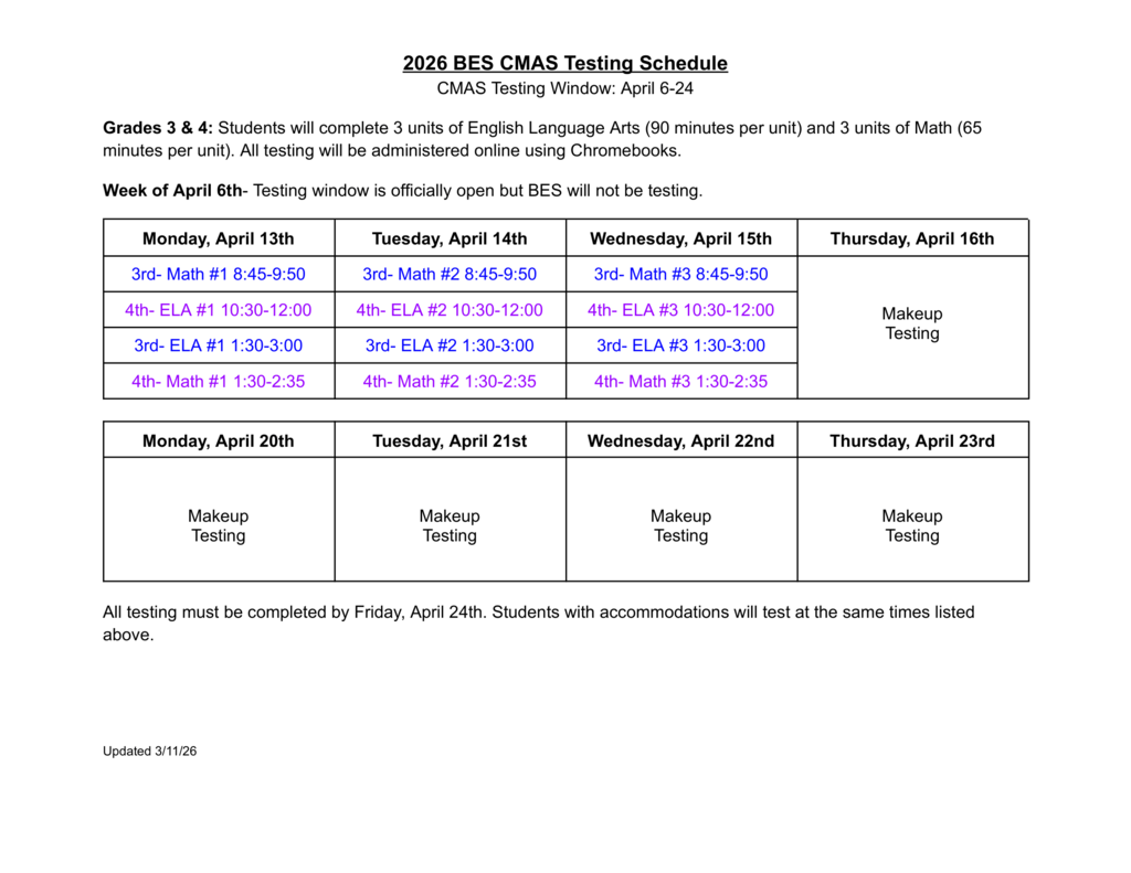 BES CMAS Schedule