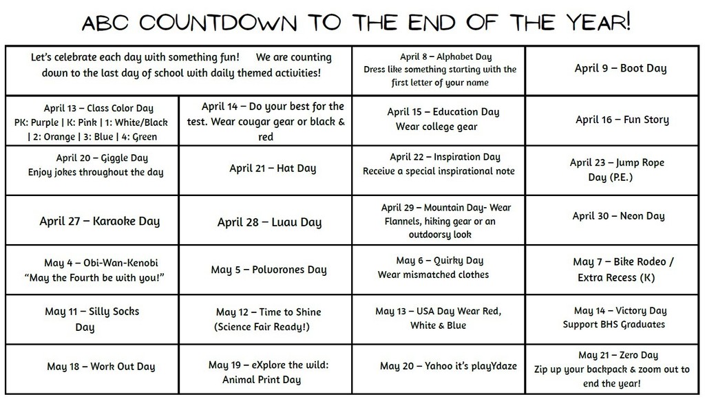 Flyer for the last 28 days of school dress up days. 