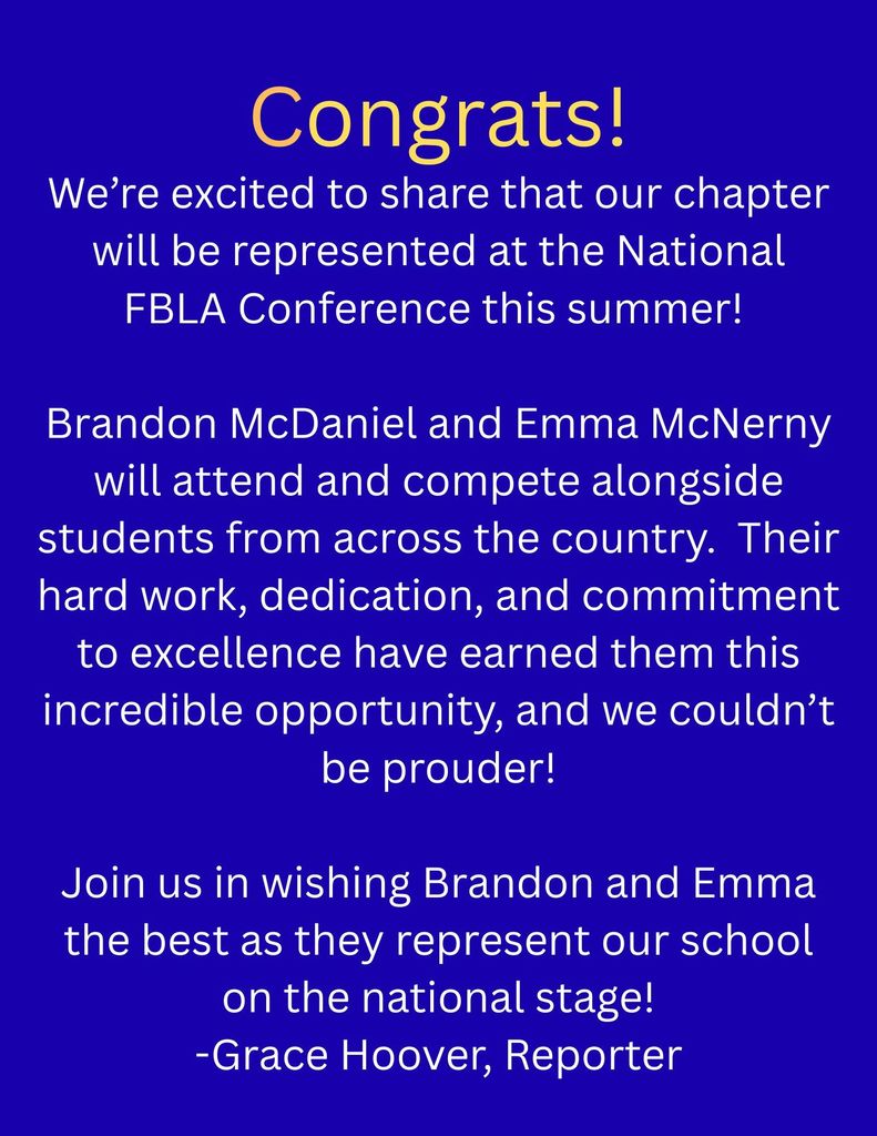 Burlington High School- National FBLA Qualifiers- By Grace Hoover- Chapter Reporter