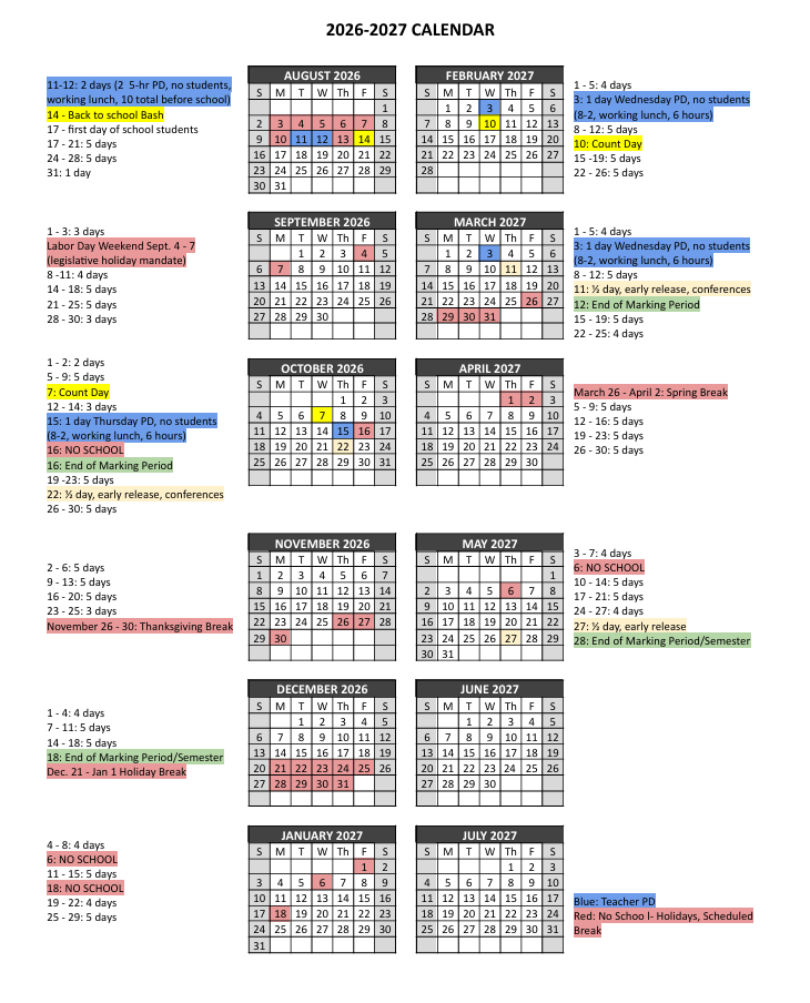 2026-2027 School Calendar