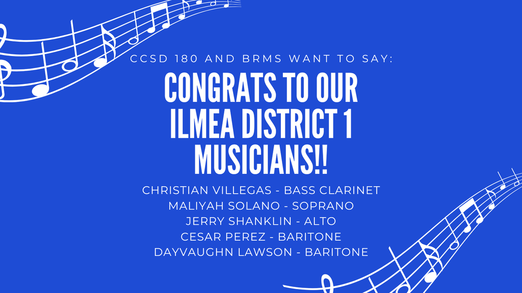 blue background with white letters saying congrats to our musicians