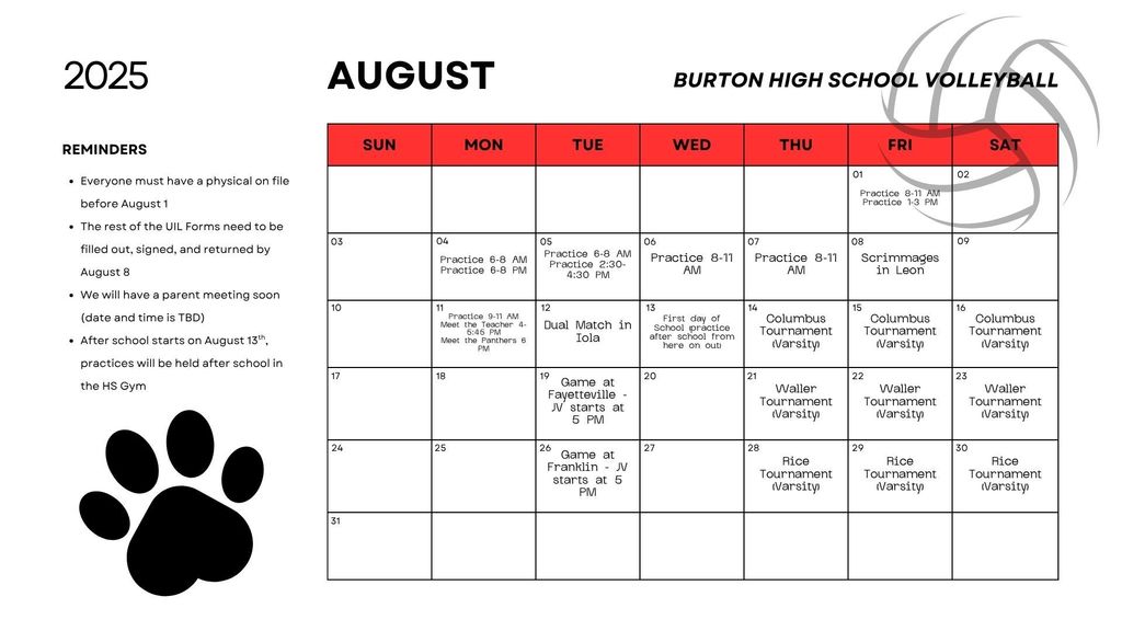 August Schedule