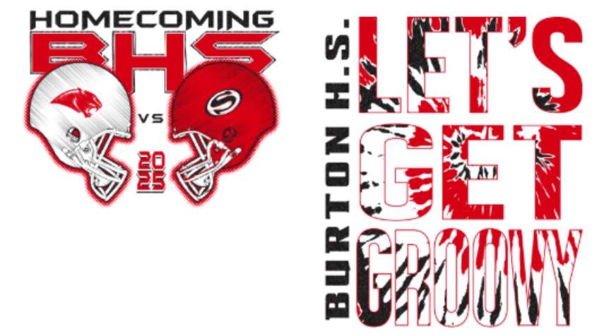 Shirt Front and Back with Homecoming 2025 Let's Get Groovy in black, red, white with 2 football helmets