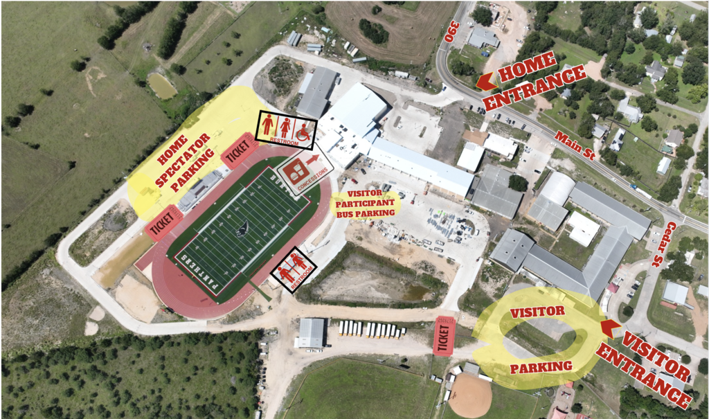 Map of Panther Stadium showing the location of visitor parking, home parking, and entrances/exits