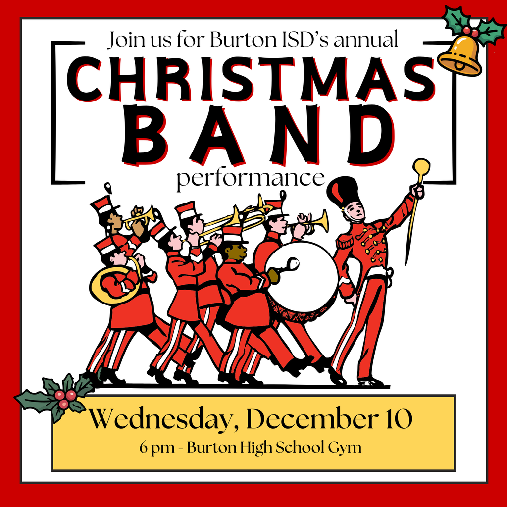 Invitation for the band's Christmas concert featuring a cartoon marching band dressed in red.