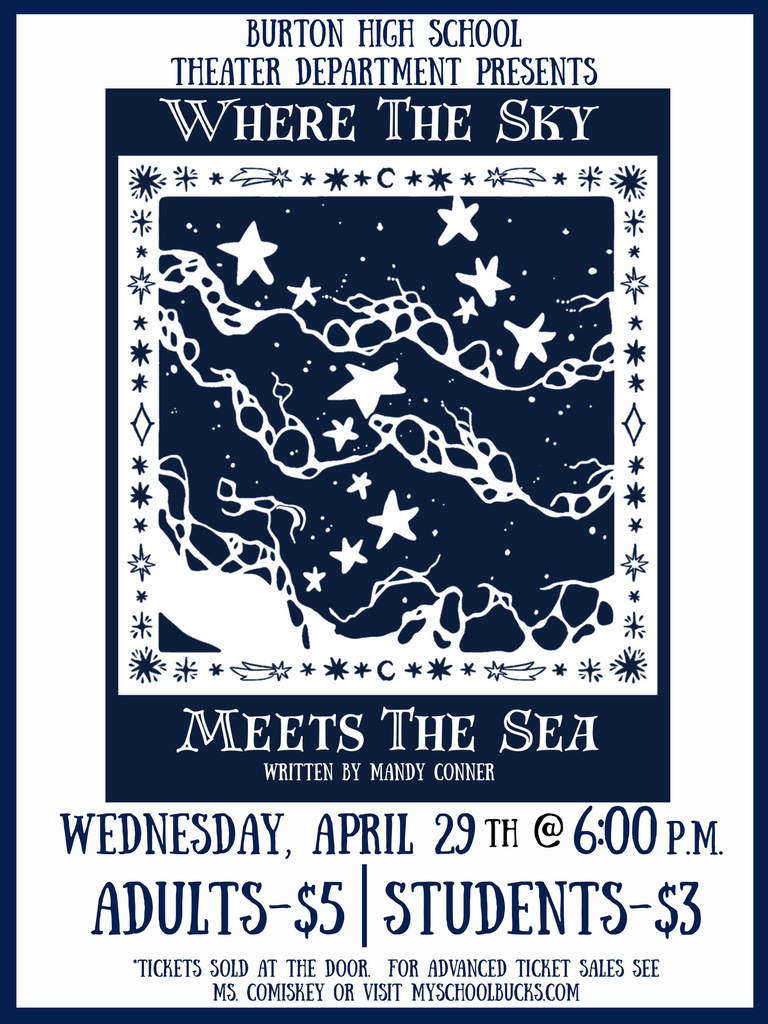 Blue and white star scene detailing information about the BHS One Act Play on Wednesday, April 29th @ 6pm