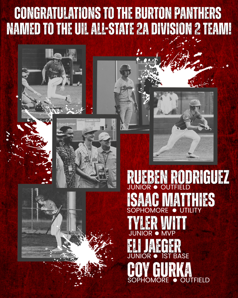 Red background with splashes of white and black & white images of 5 players playing baseball Rueben Rodriguez Outfield Junior Isaac Matthies Utility Sophomore Tyler Witt MVP Junior Coy Gurka Outfield Sophomore Eli Jaeger 1st Base Junior