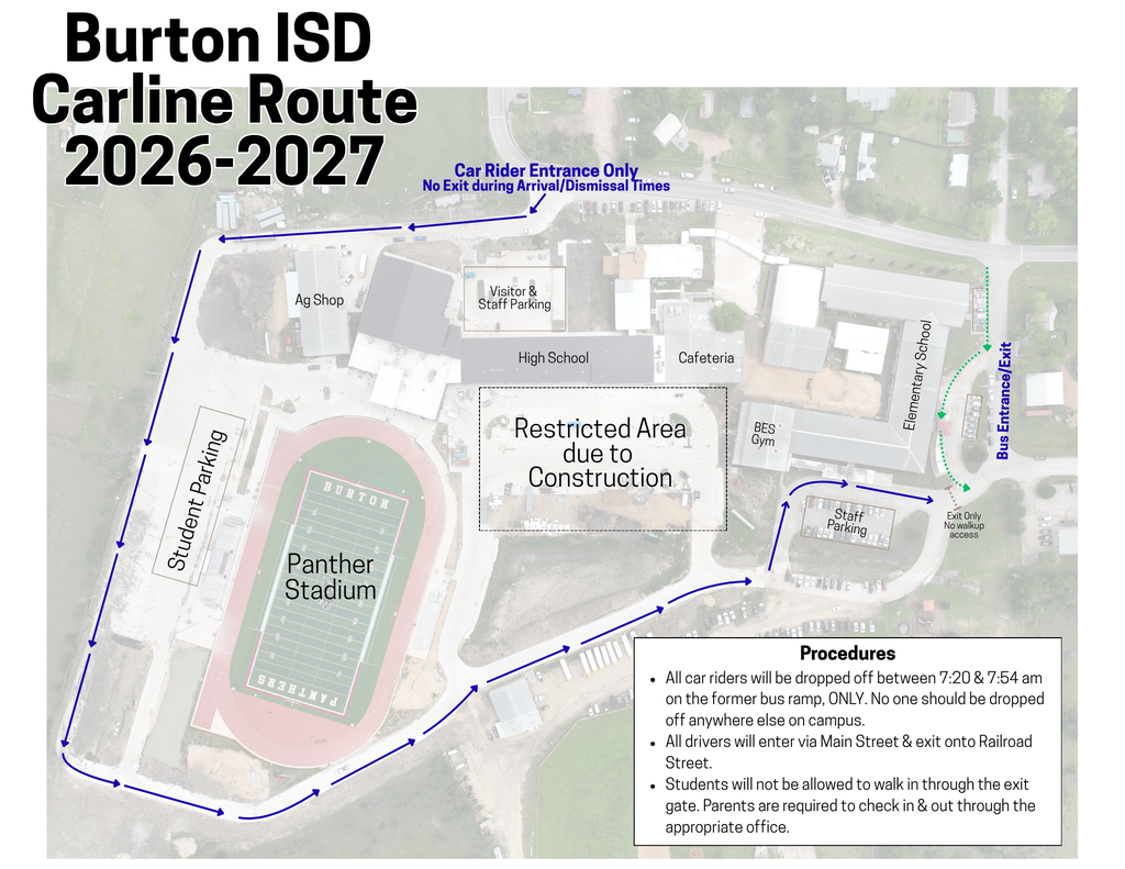 Map of district showing route for car rider arrival and pick-up.