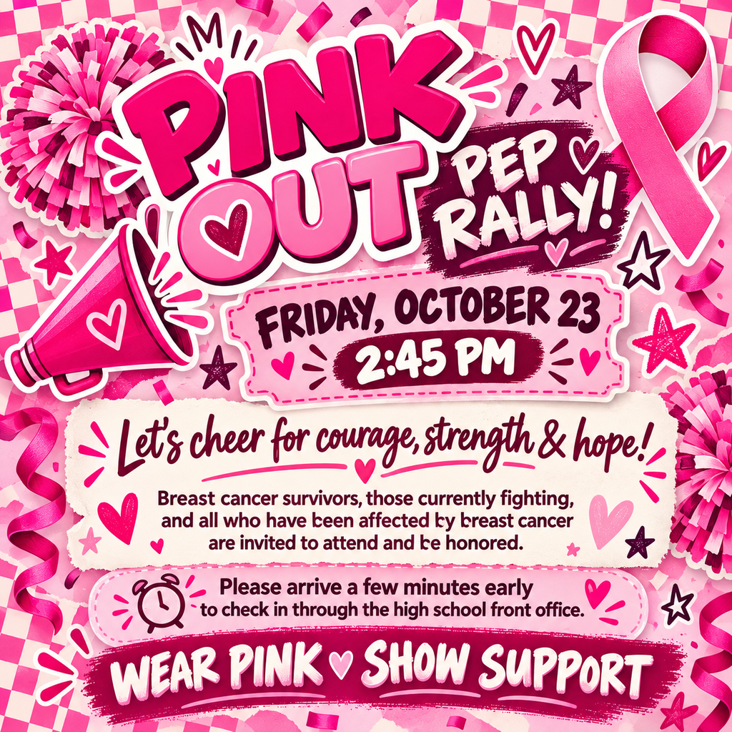 Pink graphic giving details fro Friday Pep Rally invitation