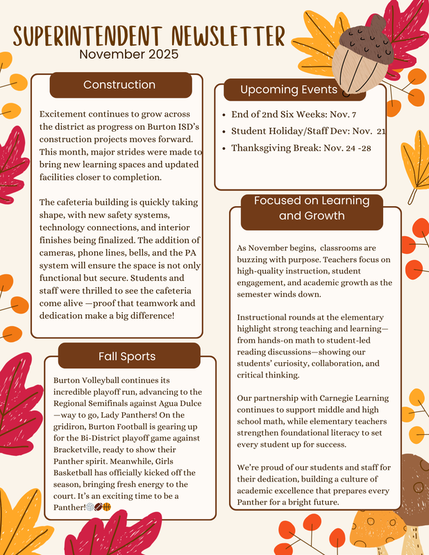 Fall themed newsletter from the superintendent featuring updates about the campuses