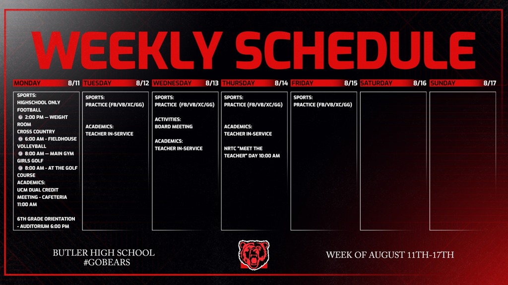 8/11-8/17 Weekly Schedule
