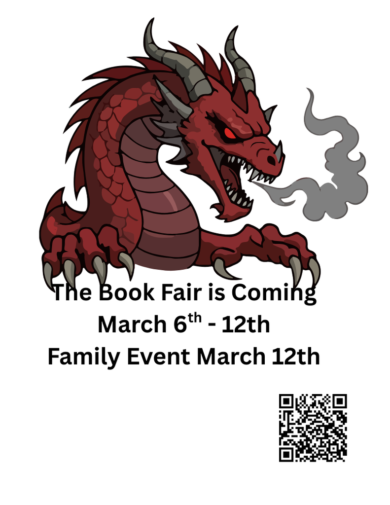 A red dragon with horns clutching the book fair date and times.