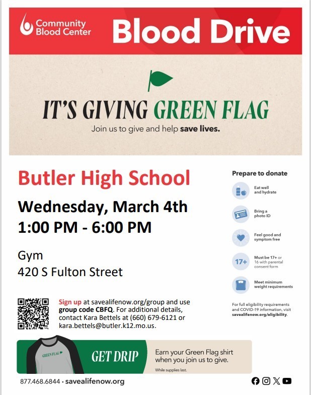 Butler FCCLA & HOSA groups will be hosting a blood drive Wednesday March 4 from 1-6pm