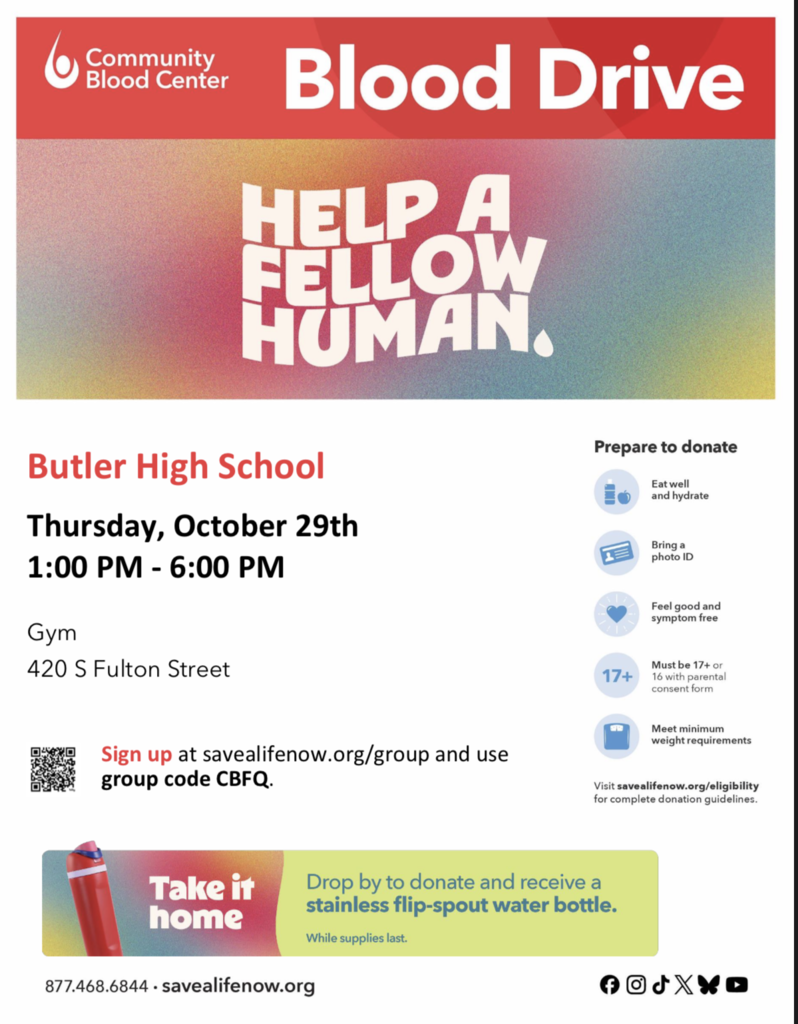 blood drive at butler high school October 29th from 1 to 6pm