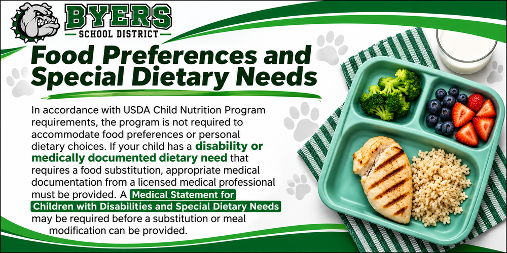 Food Preferences and Special Dietary Needs In accordance with USDA Child Nutrition Program requirements, the program is not required to accommodate food preferences or personal dietary choices. If your child has a disability or medically documented dietary need that requires a food substitution, appropriate medical documentation from a licensed medical professional must be provided. A Medical Statement for Children with Disabilities and Special Dietary Needs may be required before a substitution or meal modification can be provided.