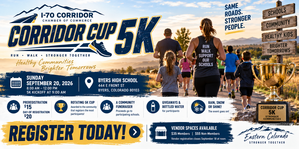 Corridor Cup 5K Register today Sunday September 20th 2026. Byers High School 444 E Front St Byers CO Preregistration 15, Day of Registration 20
