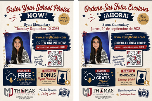 Order your school photos now. Byers Elementary Thursday September 10th, 2026