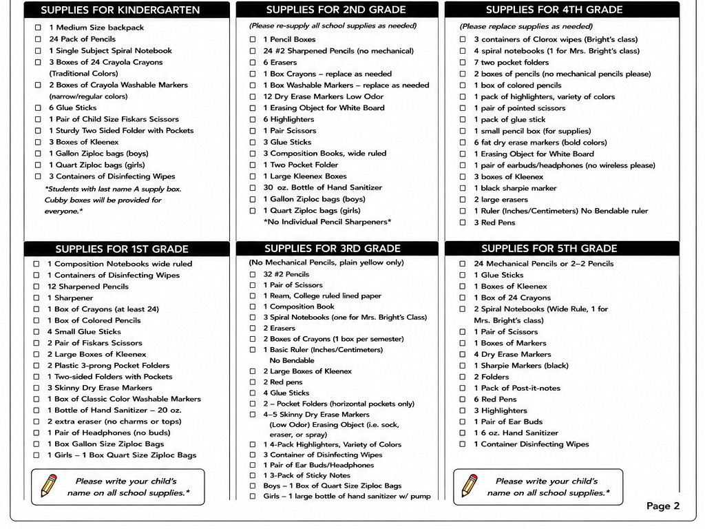 class list of supplies