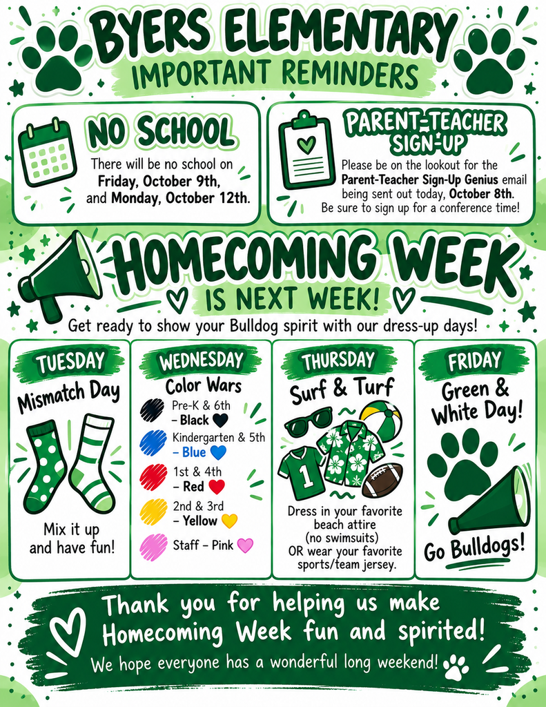 flier in kelly green with paw prints and megaphone and describing what each day of the week will look like 