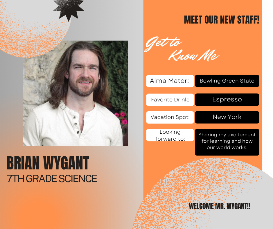 Orange, black, and gray graphic with get to know me information and picture of staff member.
