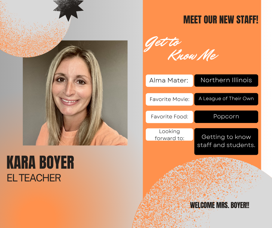 Orange, black, and gray graphic with get to know me information and picture of staff member.