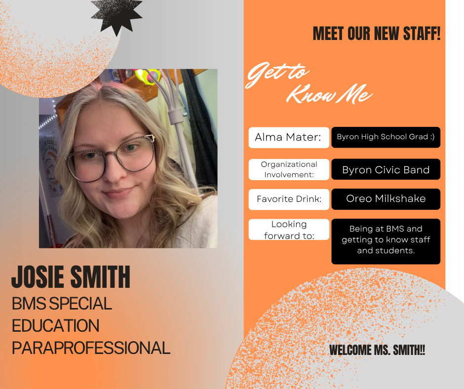 orange, gray, and black background with get to know me information and a photo of the staff member