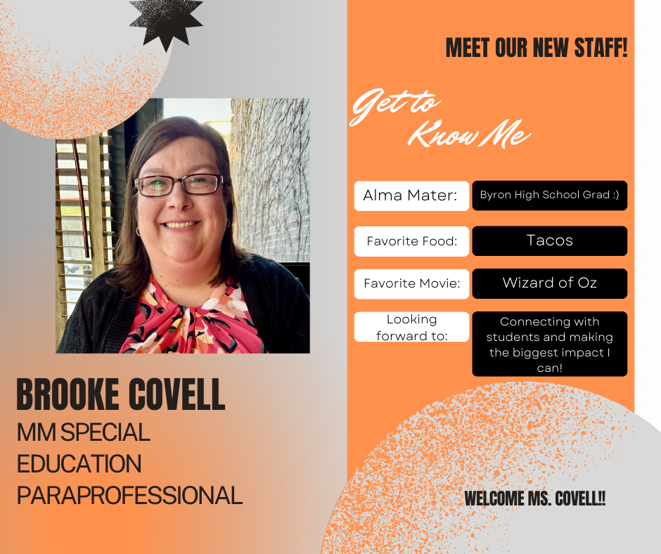orange, gray, and white background with picture of new staff member and fun facts
