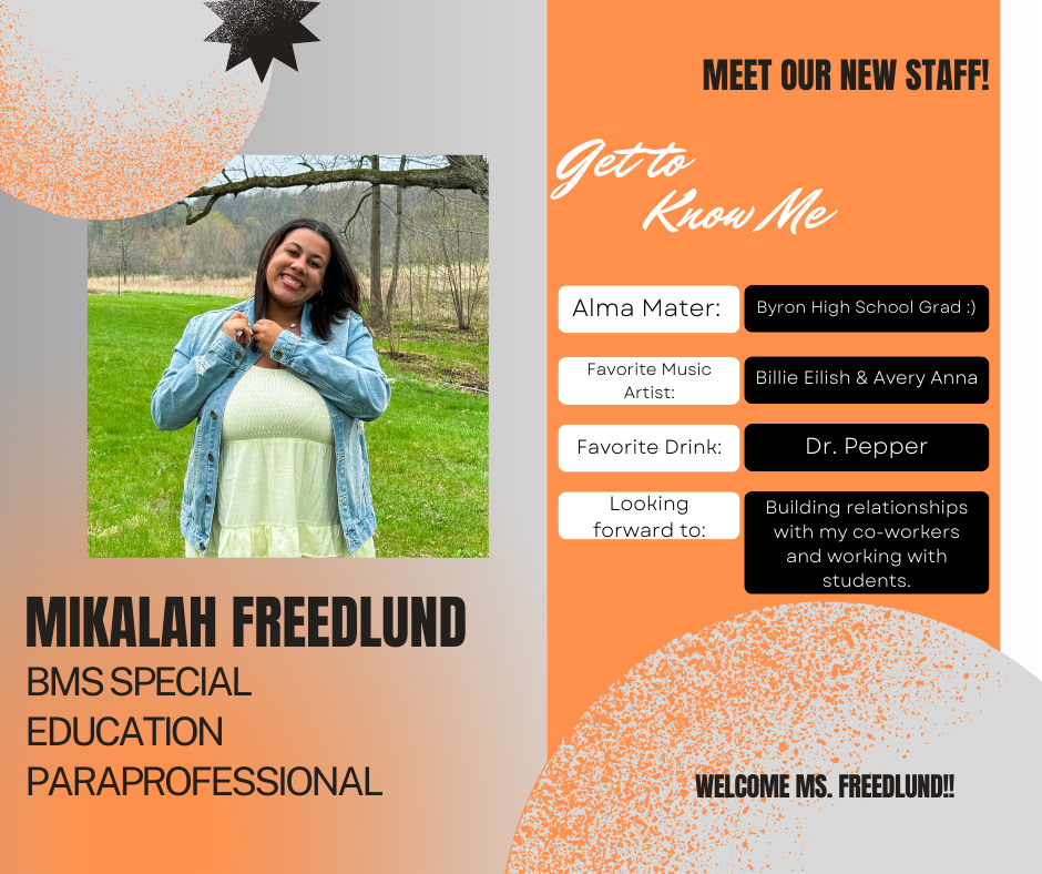 orange, white, and gray background with picture of staff member and fun facts