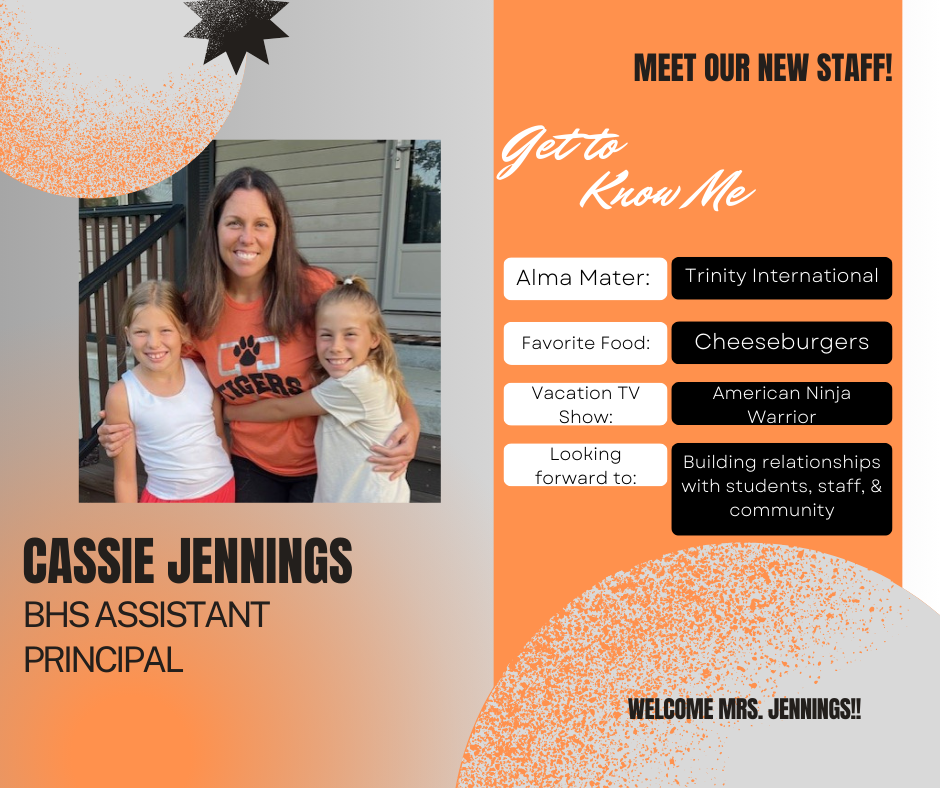 orange, white, and gray background with picture of staff member and fun facts