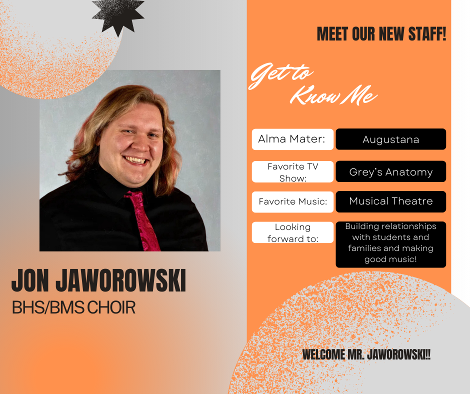 orange, white, and gray background with picture of staff member and fun facts