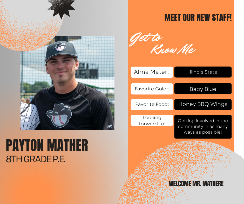 orange, white, and gray background with picture of staff member and fun facts