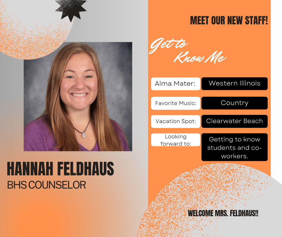 orange, white, and gray background with picture of staff member and fun facts