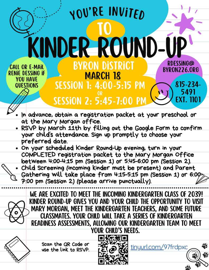  Kingergarten student round up March 18 from 4-5:15 pm or 5:45-7 pm