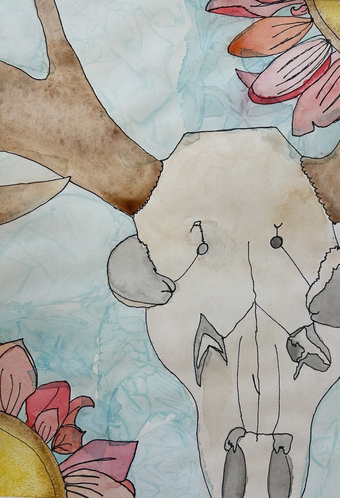 Watercolor-style artwork featuring a large animal skull, likely a cow or deer, centered against a pale blue background. Soft pink and peach flowers frame the skull along the edges, while delicate linework and muted earth tones create a calm, organic composition.