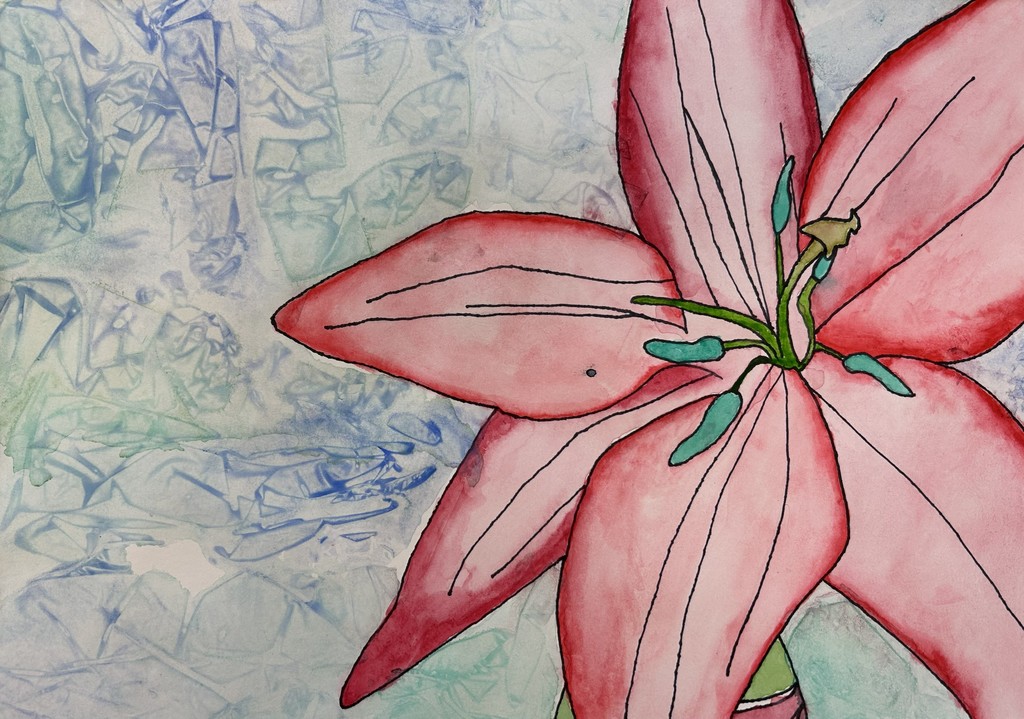Watercolor-style painting of a large pink lily flower with dark outlined petals and green stamens. The flower fills most of the right side of the image, set against a textured pale blue and lavender background with abstract crystalline patterns.