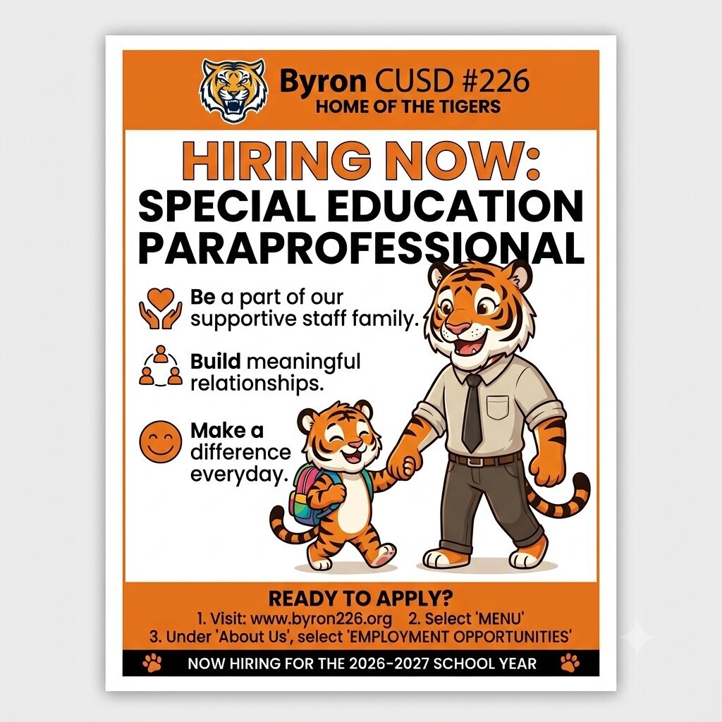 An image flyer for Byron CUSD #226 with a deep orange, black, and white color scheme advertises an open position for a Special Education Paraprofessional for the 2026–2027 school year. At the top, the Byron Tigers logo sits above large, bold text announcing the job title. The center of the flyer features a friendly cartoon adult tiger holding hands with a smiling young tiger cub wearing a backpack. To the left of the illustration, three icons highlight key benefits: hands holding a heart alongside the text "Be a part of our supportive staff family," interconnected people next to "Build meaningful relationships," and a smiling face beside "Make a difference everyday." An orange banner at the bottom outlines simple steps to apply by directing viewers to visit www.byron226.org, select "MENU," and navigate to "EMPLOYMENT OPPORTUNITIES" under the "About Us" section.