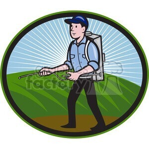 Illustration of a pest control worker wearing a blue cap and backpack sprayer, spraying a green field with a handheld wand.