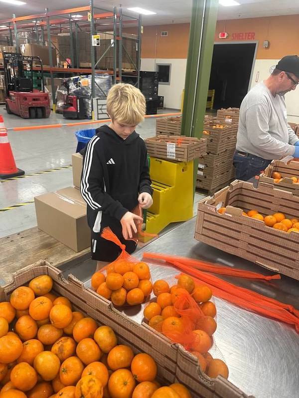 Student helping package food at the Northen Illinois Food Pantry