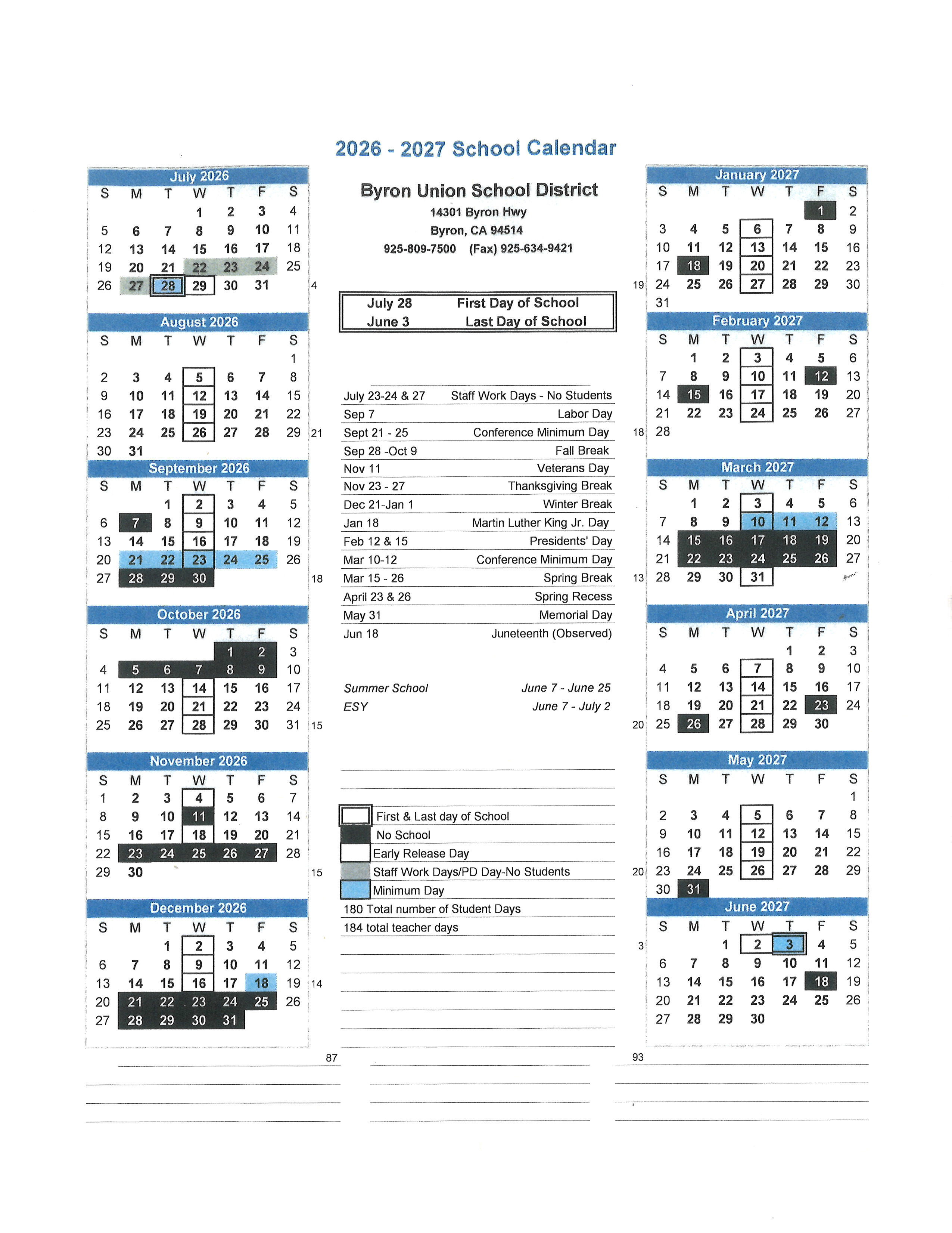 26/27 Academic Calendar | Timber Point Elementary School