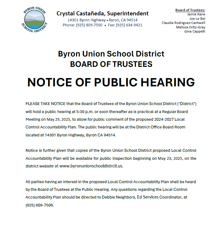 NOTICE OF PUBLIC HEARING: Proposed 2026-27 Byron Union School District LCAP and Budget