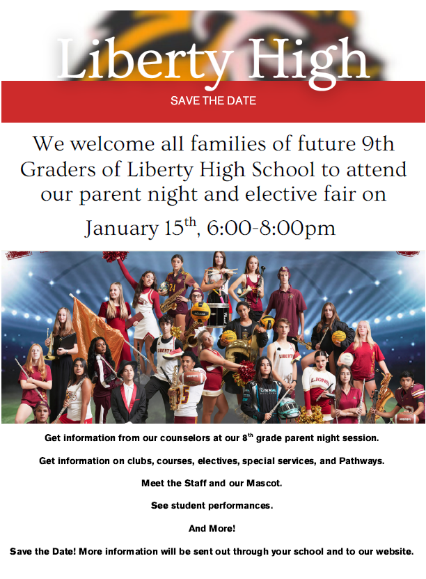 Save The Date: January 15th, 2026, 6:00 pm-8:00 pm for incoming 9th-grade students and parents.