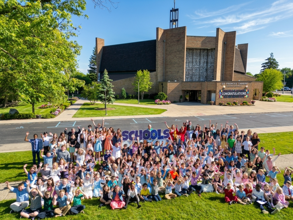 School kids in front of Church