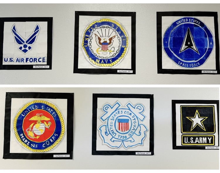 Collaborative Logos: every square is 1 students’ work. We are a small part of a bigger picture. It takes every military branch to make our country the greatest!