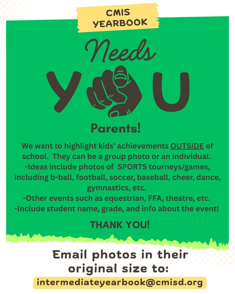 We want to highlight kids' achievements OUTSIDE of school.  They can be a group photo or an individual.  -Ideas include photos of  SPORTS tourneys/games, including b-ball, football, soccer, baseball, cheer, dance,  gymnastics, etc.  -Other events such as equestrian, FFA, theatre, etc.  -Include student name, grade, and info about the event! 
