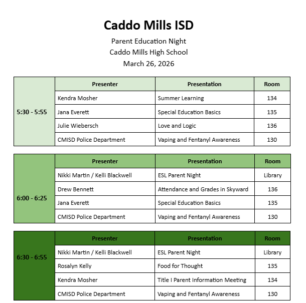 Parent night schedule