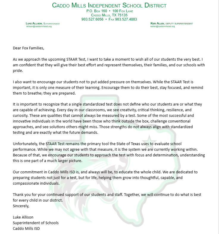 April Letter from Superintendent Luke Allison