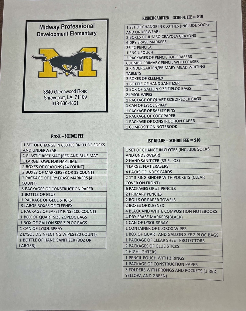 Midway 2025-2026 School Supply List and Fee for Pre-K-1st Grade