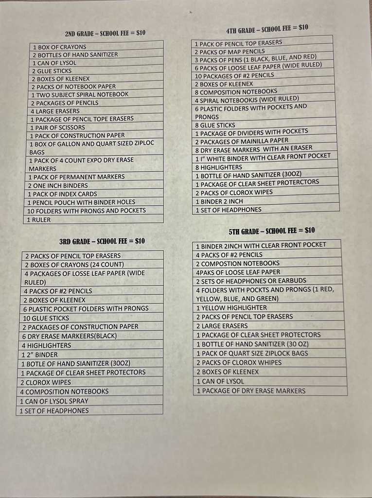 Midway 2025-2026 School Supply List and Fee for 2nd-5th Grade
