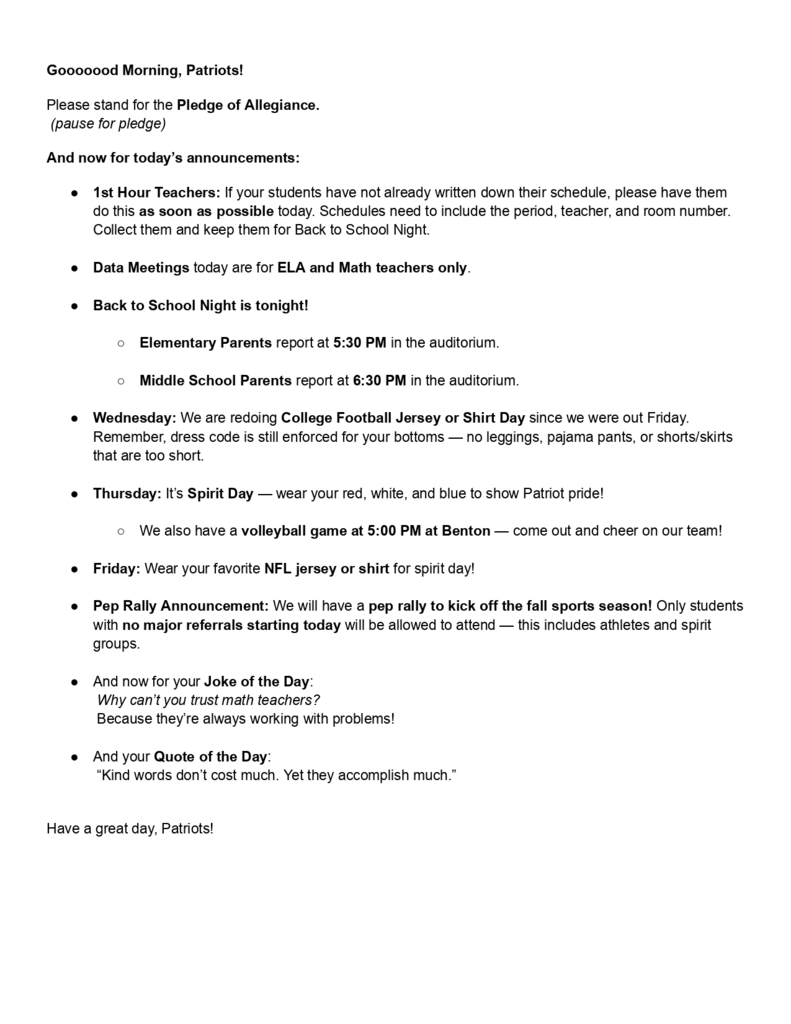 Morning Announcements 9/2